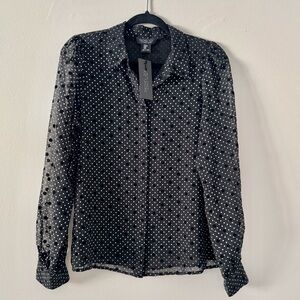 Rachel Zoe Black & White Polka Dot Lined Blouse with Sheer Sleeves SZ.M